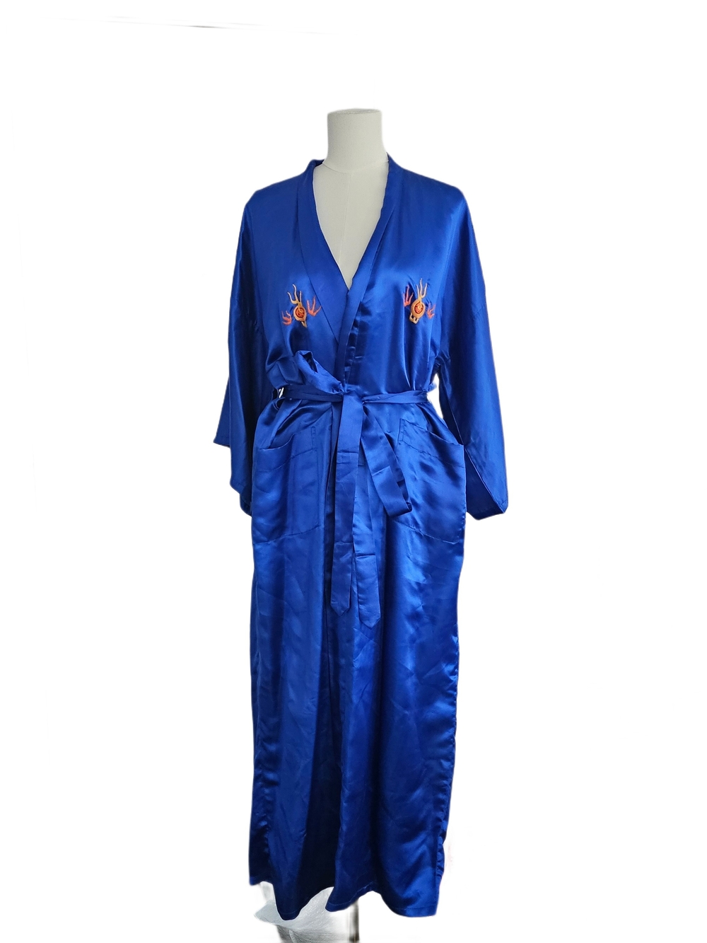 100% Silk Golden Dragon Royal Blue Long Kimono Robe with Hand Embroidery